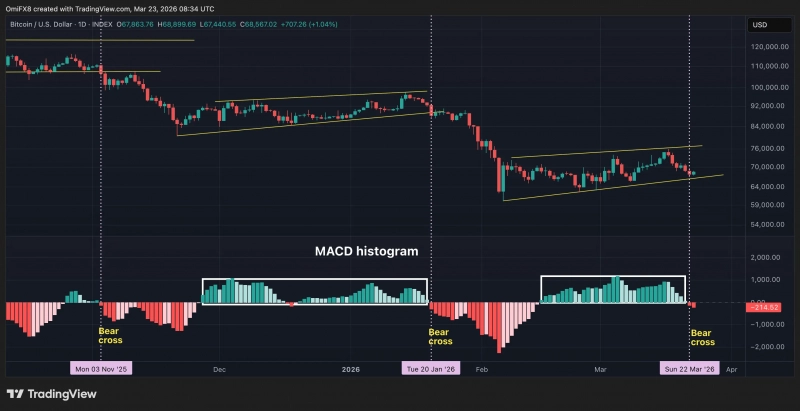 Индикатор MACD сигнализирует о медвежьем тренде биткоина